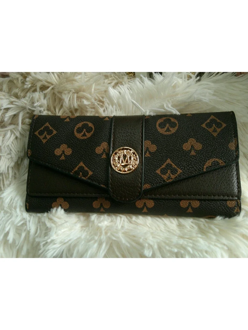 Brown Monogram Leather Wallet with Gold Logo Button